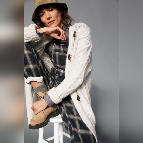 Anthropologie Nordic Hooded Cable-Knit Cardigan In Sand (Ivory) Size XS/S NWT - Picture 3 of 10